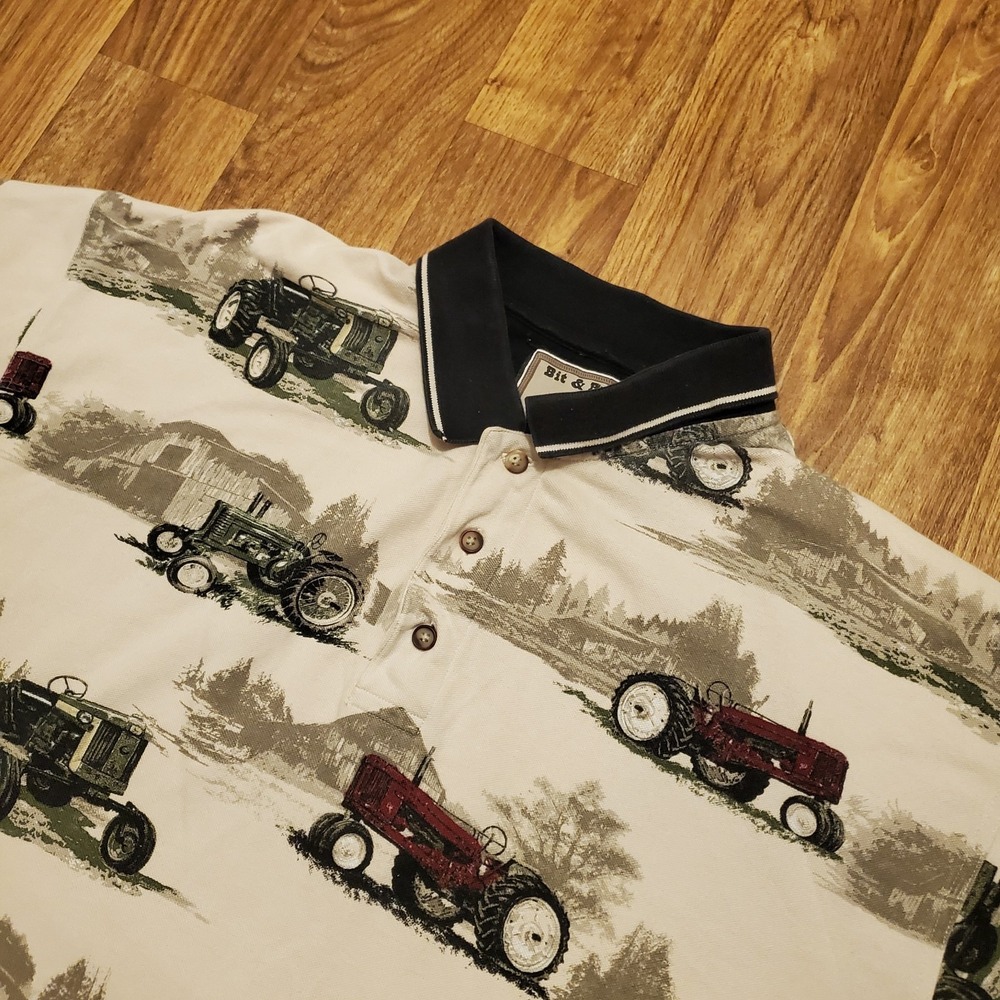 Vintage Tractor Polo Shirt Men 2XL Beige Novelty Print AOP Bit & Bridle‎